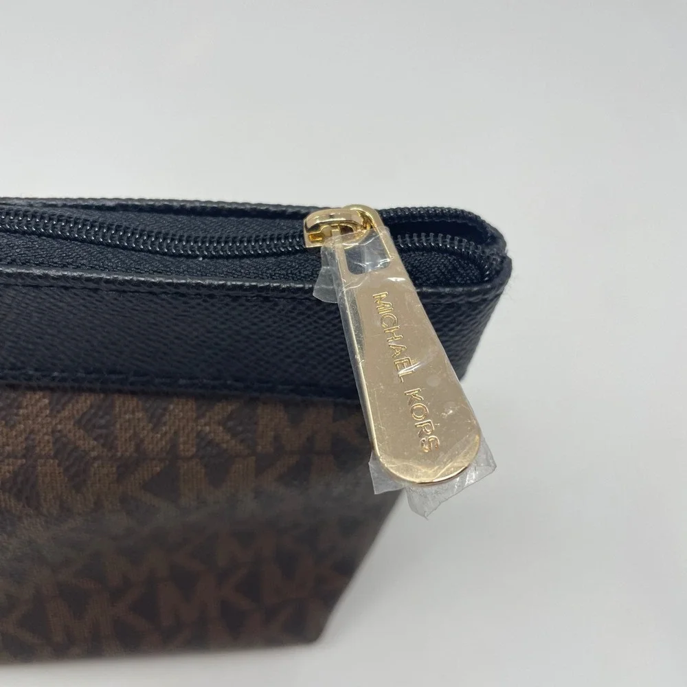 Michael Kors Brown Signature Logo Cosmetic Pouch Black Leather Trim Gold HW